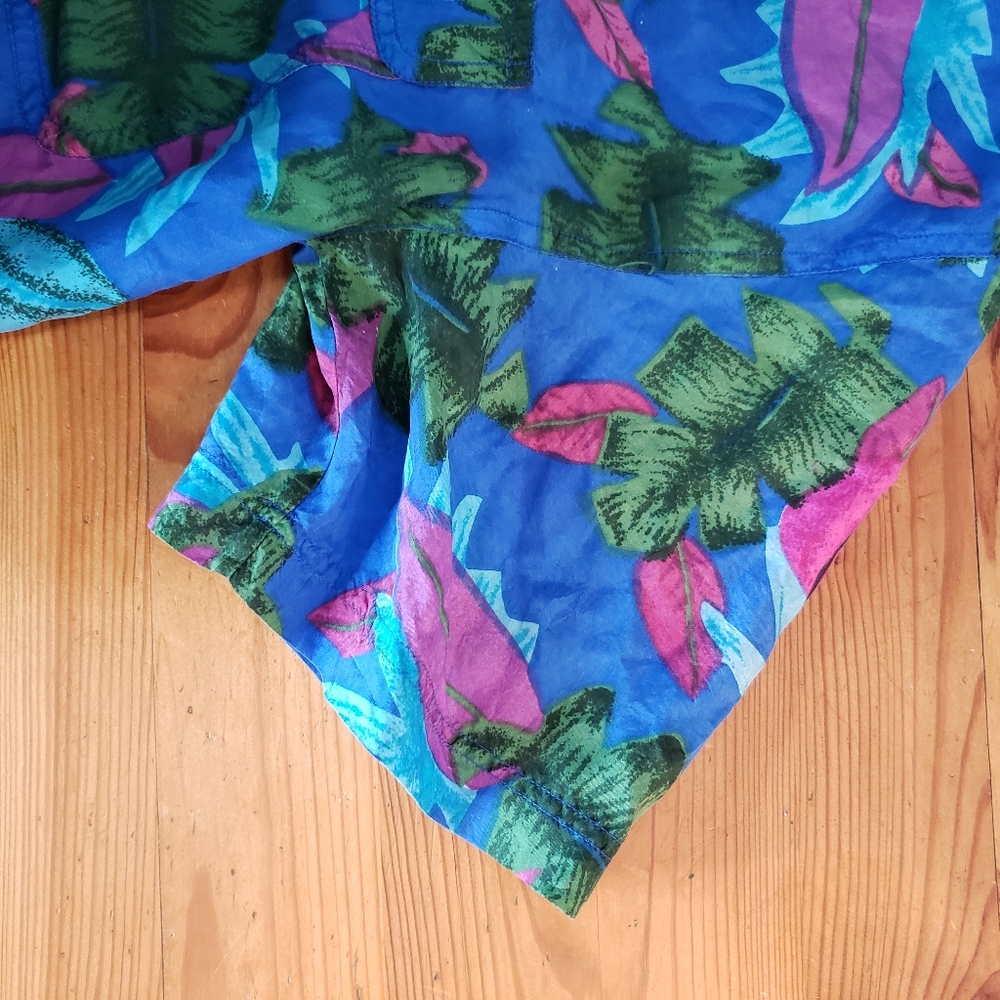 Vintage Silk Blouse Size 1X Button Up Shirt Tropical Blue Pockets Leena Studio - Picture 8 of 12